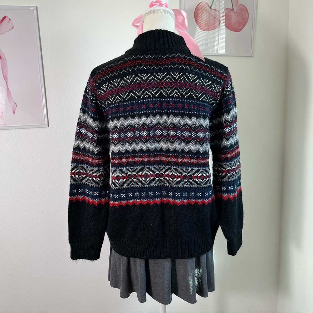 Vintage 90s Fair Isle Black Mock Neck Knit Sweater Acrylic Womens Size Small - Picture 5 of 6